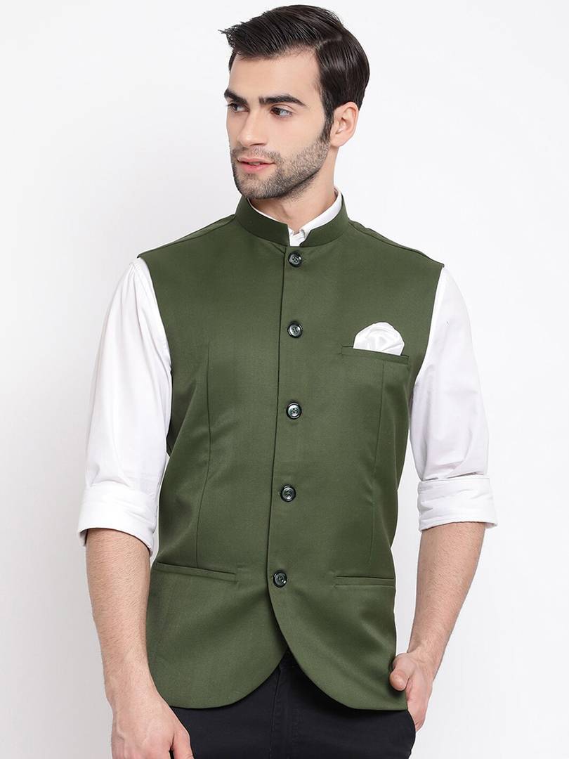 Men's Olive 
Cotton Blend
 Solid
 Nehru Jackets